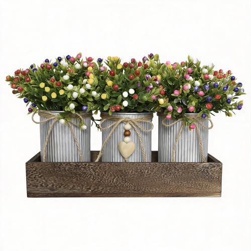 Artificial Milan Flower Bouquet Table Centerpiece, 3-Metal-Pot Table Decor on Wooden Tray, Realistic Baby’s Breath Flowers Arrangement for Home, Wedding, Party, Office & Living Room Décor - color: Milan Flowers