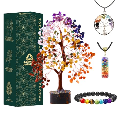 ANAYA AGATE 7 Chakra Crystal Tree of Life w/Healing Necklace & Chakra Bracelet - Gemstone Money Bonsai Trees for Women,Crystal & Healing Stone, Tree for Home, Office, LivingRoom Decor - color: Seven Chakra Copper Wire