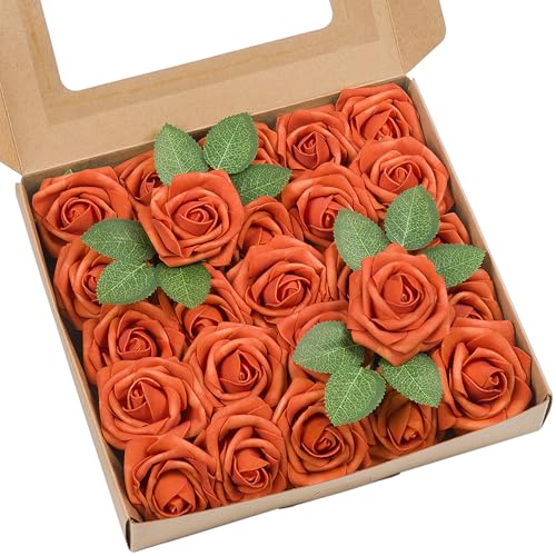 Artificial Flowers 50 Pack Orange Faux Foam Roses with Stems, Real Looking Fake Rose for DIY Wedding Bouquets, Bridal Shower Centerpieces, Party Table Decorations, Home Decor - color: Orange, size: 50Pcs