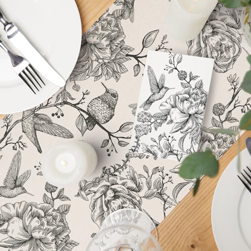 JarThenaAMCS Black Floral Birds Table Runner Vintage Flower Kitchen Dining Table Decoration Table Cover for Indoor Outdoor Home Party Supplies, 13 x 72 Inch