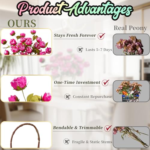 ucky 6 Pcs Fuchsi Artificial Peonies Silk Flowers, 27.6" Long Stem Fake Peonies with Wood-Textured Bendable Branch, Life-like Texture Large Peony Blooms for Tall Floor Vase, Wedding, Home Office Decor - color: Cjy Fuchsi