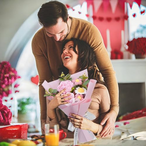 Crochet Flowers Bouquet,Pink Rose Crocheted Flower Bouquet,Knitted Artificial Flowers Bouquet Get Well Gifts for Women Girlfriend Family Coworker Mother's Day Christmas Birthday Wedding Gift - color: Pink