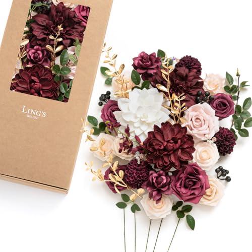 Ling's moment Fake Flowers Box, Faux Artificial Greenery Stems Foam Roses Gardenias Berries Silk Dahlia Fabic Flower for Centerpieces Bouquet Wedding Floral Vase, Marsala & Soft Peach, Deluxe Combo - color: Red-marsala & Soft Peach, size: Deluxe