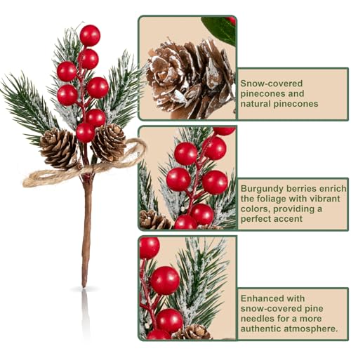Crafare 15 Pack Small Christmas Picks Assorted Size Red Berry Picks Stems with Pinecones for Christmas Holiday Floral Arrangement Winter Holiday Season Decoration - size: 5in-9in berry stem picks