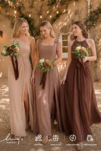 Ling's moment Brown Bridesmaid Bouquets Set of 6, Earth Brown & Sand Dune Artificial Wedding Flower Bouquets Floral Bouquet Bridesmaid Bouquets with Ribbon, Ceremony, Anniversary, 7-inch Diameter - color: Br-earth Brown & Sand Dune