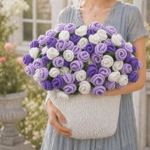 Crochet Flower Bouquet Throw Blanket, Cute Romantic Gift for Her Girlfriend Mom Mother’s Day Valentine Wedding Anniversary Birthday (Purple, 40 inches) - color: Purple, size: 40 inches