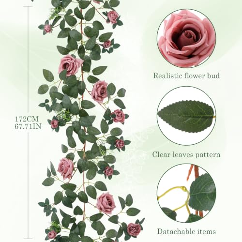2 Pack 11.2 Ft Artificial Flower Garland with White Roses, Realistic Fake Greenery Vines with 17 Roses Flowers for Wedding Table Centerpieces Arch Party Ceremony Backdrop Decor (Dirty Pink) - color: Dirty Pink