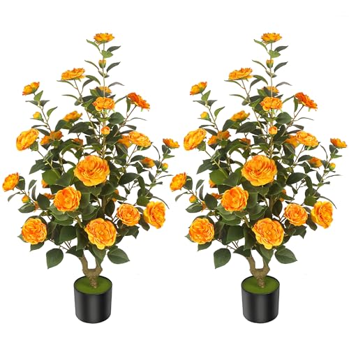 2Pack 39.37"/3.28FT Artificial Camellia Trees with 32 Flowers in Cement Pots – Lifelike Fake Trees for Front Porch, Home, Indoor Outdoor Spring Decor, Office or Housewarming Gifts (Orange) - color: Orange, size: 3ft 3inx2