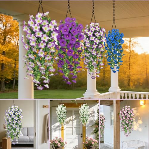Artificial Hanging Flowers for Outdoors, 6 PCS Silk Morning Glory Artificial Flowers with Eucalyptus Leaves, UV Resistant Fake Flower Realistic Faux Plants for Home Patio Porch, Petunias+White - color: Petunias-white