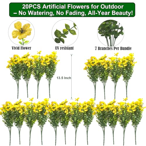 Grunyia 20 Bundles Artificial Flowers for Outdoors, UV Resistant Fake Plants Flowers Greenery Shrubs Plants for Decoration Outside Plants Hanging Planter Home Garden Decor (Yellow) - color: Yellow