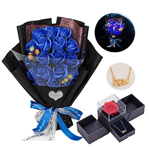 EIGHTOWN Roses Bouquet Artificial Flower - Preserved Blue Rose Flowers with Love Necklace for Her - Unique Gifts Valentine's Day, Mother's Day, Thanksgiving, Birthday, Anniversary - color: Blue Maggie
