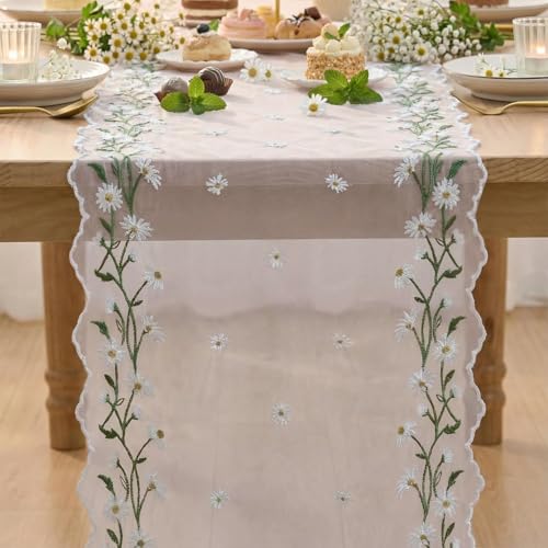 Artoid Mode Daisy Floral Light Pink Shaped Gauze Embroidery Table Runner 120 Inch 10FT, Tulle Spring Summer Kitchen Dining Table Decor for Home Party - color: Light Pink