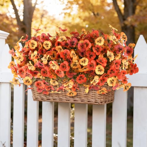 Artificial Fall Flowers for Outdoor, 12 Bundles Faux Pansy Fake Mums Flowers Plants Outdoor Fall Decor, UV Resistant No Fade Silk Flower for Porch Planter Patio Yard Garden(Orange Autumn Sunset Red) - color: Orange Autumn Sunset Red
