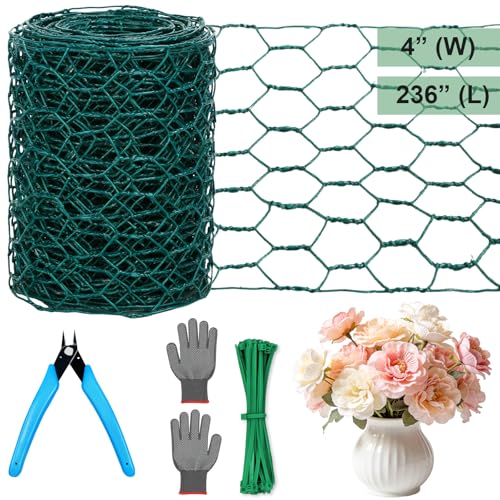 Floral Chicken Mesh for Craft, 4 x 236 Inch Galvanized Hexagonal Netting Roll, Lightweight Garden Poultry Fence for Coop & Rabbit, Metal Mesh Kit with Gloves, Ties and Plier - size: 4 x 236 Inch