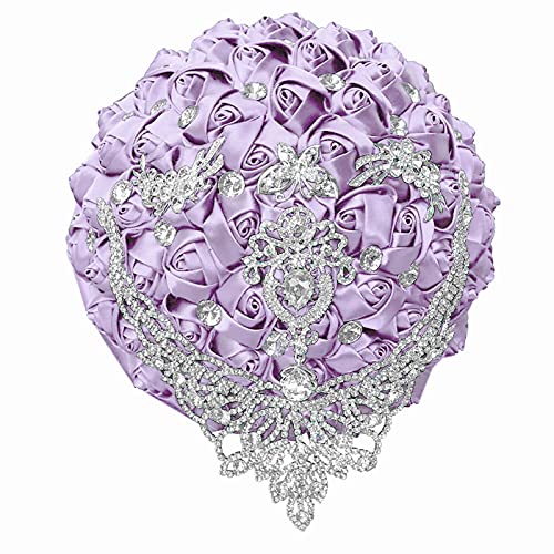 XINNI Handmade Bridal Wedding Bouquet Bride Bridesmaid Satin Rose Flower Bouquet with Drop-Shaped Rhinestone Wedding Decoration Light Purple - color: Lightpurple