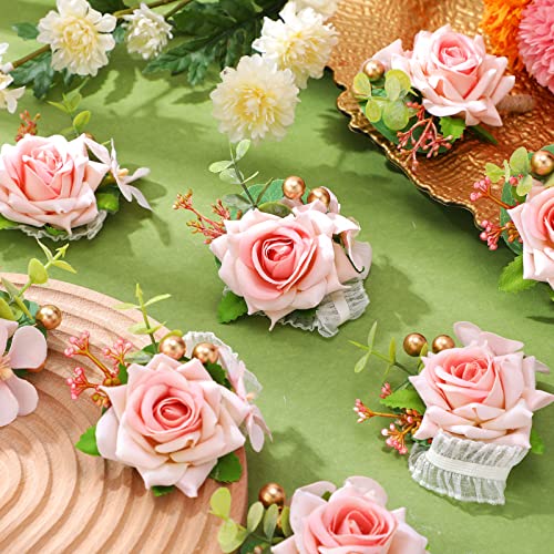 Sherr 20 Pcs Pink Rose Wrist Corsage and Boutonnier Set Wedding Flower Corsage Wristlet Band Bracelet Bridegroom Men's Boutonniere Wristlet Hand Flower for Wedding Bouquets Supplies - color: Pink