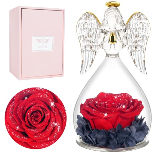 Miofula Gifts for Mom Birthday Gifts for Women, Preserved Flowers Rose in Glass Angel Figurines, Fresh Flowers for Delivery Anniversary Forever Real Roses Gifts for Mothers Grandma Her Wife Girlfriend - color: Red Starry Sky