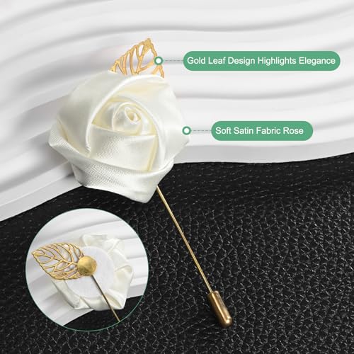 M METERXITY 12-Pack Flower Lapel Pins for Men, Golden Leaf Rose Boutonnieres Pin for Wedding/Dance/Party, Mens Lapel Pins for Suits Satin Flower Corsage Hat Pins [Cream White] - color: Cream White