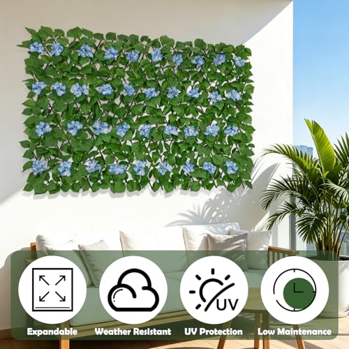 Expandable Fence Privacy Screen with Artificial Flower, Faux Privacy Fence Panel Artificial Green Wall Balcony Garden Patio Privacy Screen, Single Sided Leaves (Blue Hydrangea, 2 Pack) - color: Blue Hydrangea, size: 2 Pack