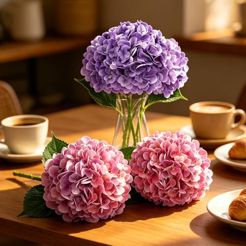 8pcs Hydrangea Artificial Flowers Purple Magenta Fake Silk Hydrangea Flower Stems for Bouquets UV Resistant Realistic Faux Plants Home Outdoor Wedding Party Centerpieces Decor (Purple, Magenta, 8 PCS) - color: Purple, Magenta