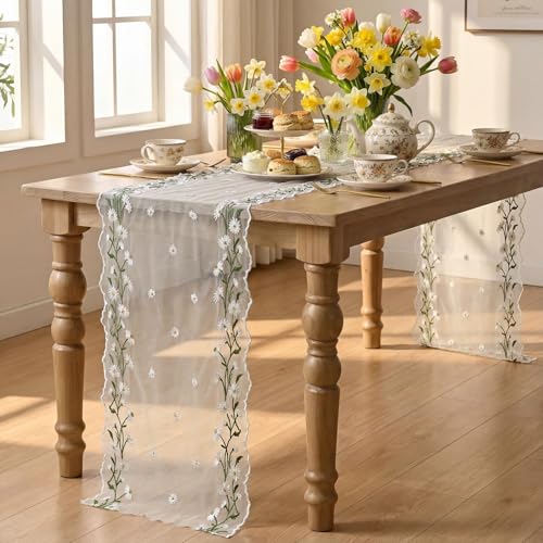 Artoid Mode Daisy Floral Milky White Shaped Gauze Embroidery Table Runner 120 Inch 10FT, Tulle Spring Summer Kitchen Dining Table Decor for Home Party - color: Milky White