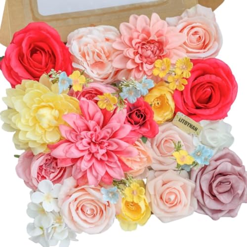 Artificial Flower Box Set Pink & Yellow Silk Flowers Rose Faux Flowers for DIY Bouquets Centerpieces Arrangements Table Decor Baby Shower Party Home Decor (Pink & Yellow) - color: Pink & Yellow