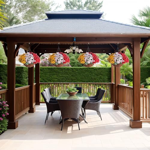 Artificial Fake Hanging Plants Flowers Basket for Spring Outdoor Decoration, Faux Silk Daisy UV Resistant Look Real with Eucalyptus Leaves Summer Decor for Home Patio Garden Outside(Red White Yellow) - color: Red White Yellow