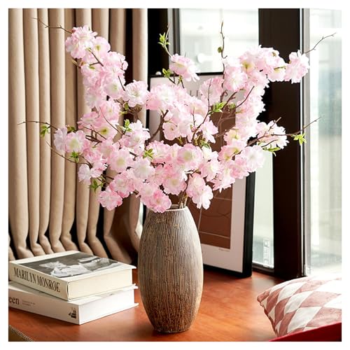 3Pcs Pink Artificial Cherry Blossom Branches - Silk Faux Peach Flowers Stems with Leaves Fake Plants Bouquet for Vase Home Wedding Outdoor Spring Garden Decoration (Light Pink) - color: Light Pink