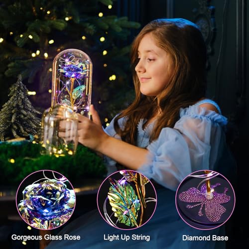 Gifts for Mom Birthday Gifts for Women Purple Rose Eternal Flower USB Light Up Rose in Glass Dome Anniversary Flowers for Delivery Prime Galaxy Crystal Flowers Gifts for Mom Women Wife Grandma - color: Usb-purple
