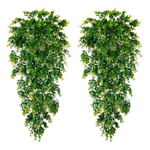 Hrobek Fake Hanging Plants, 2pcs Lifelike Artificial Eucalyptus Greenery for Spring Summer Decoration, Faux Vine Plant for Wall Shelf Home Office Patio Indoor Outdoor Decor - color: Green Eucalyptus