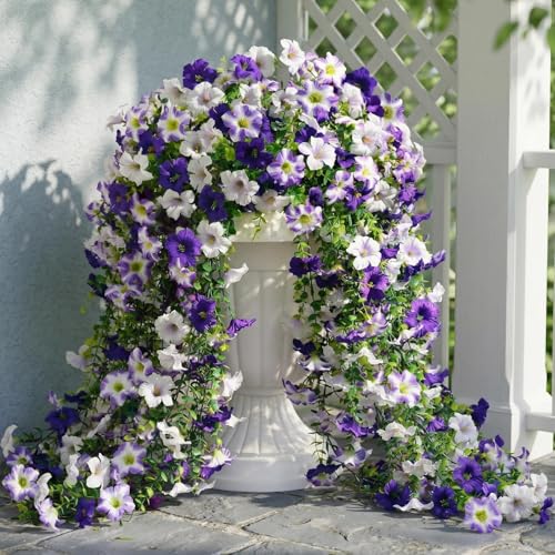 3 Pack Artificial Flowers for Outdoors Front Porch Spring Decor,Faux Outdoor Plants Hanging Flowers UV Resistant for Hanging Baskets,Tall Potted Fake Flowers for Outdoor Planters Decor (Purple White) - color: Purple White-3