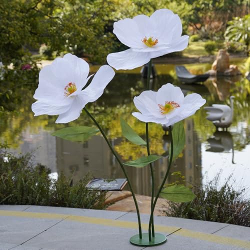 Large Paper Artificial Flowers,Giant Flowers for Decoration,Huge Handcrafted Poppy Fake Flowers with Stand for Home Decor Bridal Shower Party Outdoors Yard Event Backdrop Decor (White) - color: White
