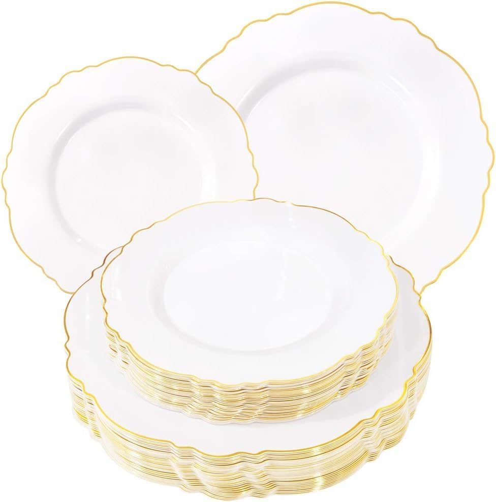 WDF 60pcs White and Gold Plastic Plates - Baroque White With Gold of 30 Heavy Duty Gold dinner plates 10.25inch, 30 Salad Plates 7.5inch Perfect for Wedding/Baby Shower/Spring - color: Gold, size: 60PCS