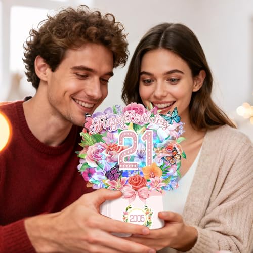 21st Birthday Cards, Light and Music 21 Years Old Happy Birthday Card, Rose Lily Orchid and Butterflies, 10 InchForever Flower Bouquet 3D Pop Up 2005 Birthday Gift Card for Women Wife Mom Daughter Sister - size: 2005-21st