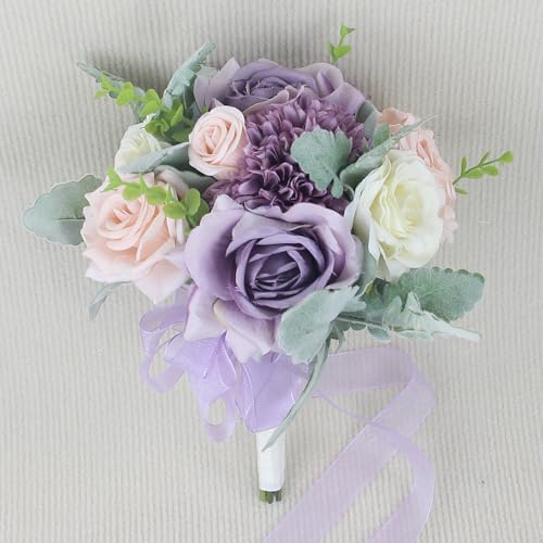 Rinlong 9" Wedding Bouquet for Bride, Pastel Purple Silk Bridal Bouquet - color: 18-light Purple