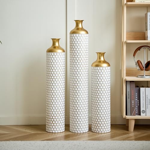 Metal Floor Vases Decorative, Set of 3 Flower Arrangement Stand, Tall White＆Gold Metal Floor Vases for Living Room, Bedroom & Entryway, 33.4", 28.74", 24.4" H (Gold＆White2) - color: Gold＆white2