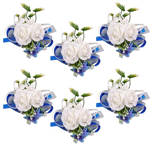 6Pcs White and Blue Artificial Rose Wrist Corsages for Wedding Prom | Faux White Roses Accented with Blue Details, Perfect for Prom, Weddings, Bridesmaids, Anniversary Formal Party and Homecoming - color: Blue1# Wrist Corsage (6 Piece)
