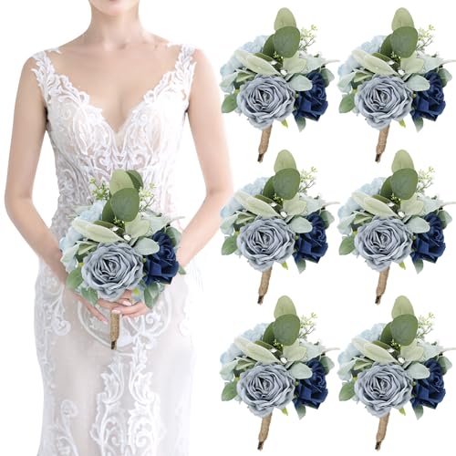 Bridesmaid Bouquets for Wedding 7 inch- Set of 6 Artificial Flowers Bouquet Navy & Blue Rustic Wedding Small Floral Centerpieces for Marriage Proposal Party Anniversary Dining Table Decor - color: Blue, size: 6pcs Bouquets