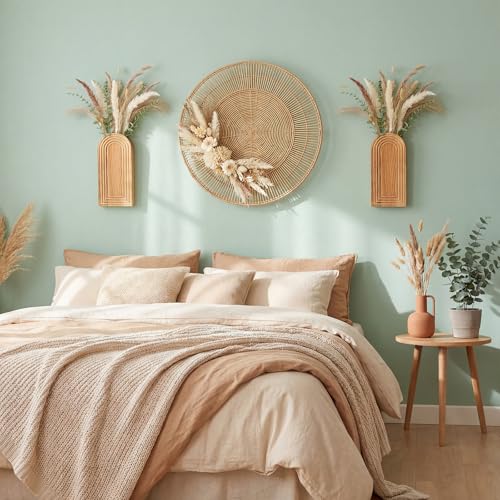 LemonRoad Boho Wooden Wall Vases Set of 2 with Artificial Eucalyptus and Pampas Grass Dried Flower Rustic Hanging Wood Planter Vase Wall Mounted Farmhouse Bohemian Decor for Home Entryway Living Room