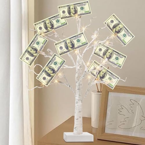 PEIDUO Money Tree, 22 Inch Gift Card Tree Holder with 6 Clips and 6 Greeting Cards, 24 Warm White Birch Tree with Lights, Christmas Tree Card Holder for Birthday Wedding Indoor Xmas Decorations - style: Money tree