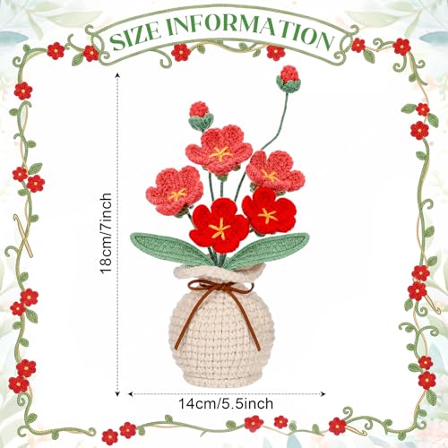 Marsui Crochet Flower Bouquet with Vase Forget-Me-Not Flowers Pot Crocheted Flower Handmade Knitted Potted Flowers Gift for Wome Coworker Father's Gifts Back to School Gift Home Decoration (Red) - color: Red, style: Forget-me-not
