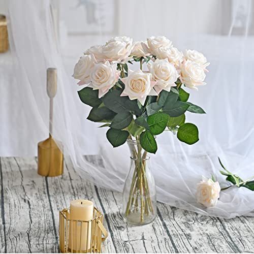 ZMZQ&flw Artificial Flowers Champagne Roses 12PCS, Real Touch Silk Flowers, Realistic Single Fake Flower with Individual Stems Leaves - color: Light Yellow 12pcs