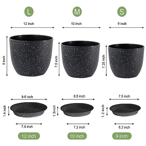 WSMKSZ Large Flower Pots 12/10/9 inch, Set of 3 Modern Decorative Plastic Planters with Drainage Holes and Saucers for Garden House Plants, Plant Pots for Indoor Outdoor Plants, Speckled White - color: Speckled Black, size: 12"+10"+9"