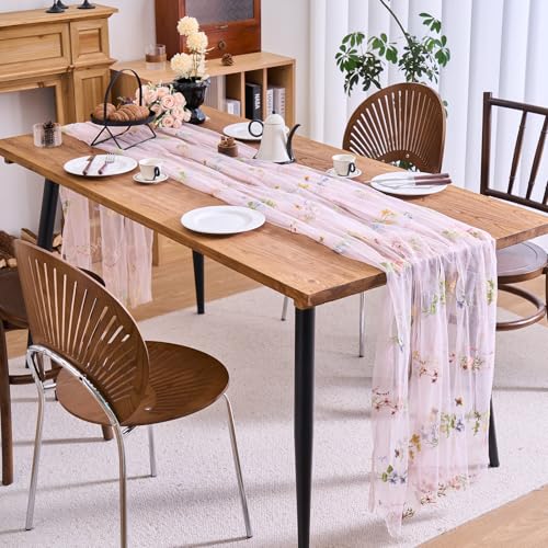 vctops 2 Packs Embroidery Lace Fall Table Runner 10ft Floral Garden Seasonal Tulle Table Runner Holiday Kitchen Dining Table Decoration for Wedding Party Baby Shower Birthday (Pink,30"x120") - color: Pink