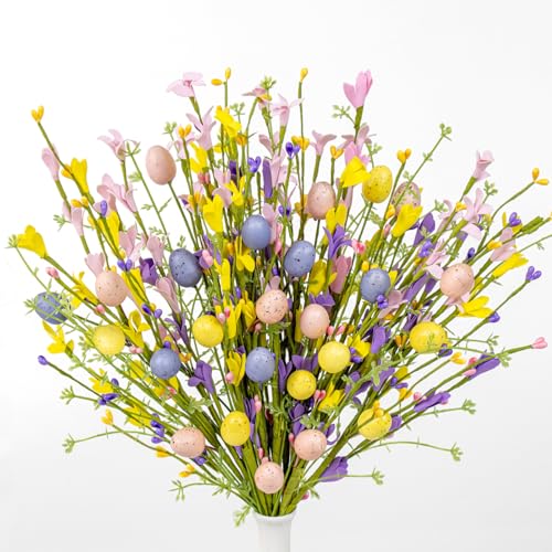 12 PCs Easter Table Centerpiece Decorations Farmhouse Easter Flowers Artificial for Decoration Colorful Egg Flowers with Jasmine Lily Forsythia Flowers for Vase Dinner Table Indoors Decor - color: 12 Yellow Color