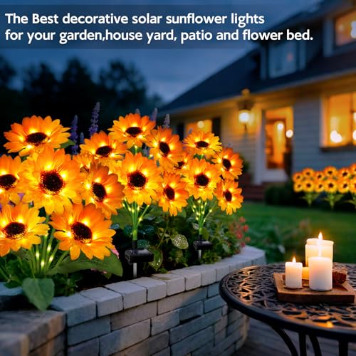 Solar Sunflower Lights Outdoor Garden Decor, 4 Pack Solar Flowers Lights with 18 Sunflowers, Waterproof Fall Decor Stake Decorative Light Auto ON/Off for Garden Yard Patio, Gift for Women - color: Warm White, size: 6 in 1 Sunflower-4 Pack