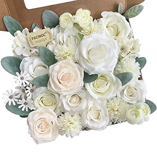 FACINOC Roses Artificial Flowers White Fake Flower Bulk for DIY Wedding Bouquet Bridal Baby Shower Decorations Party Table Centerpiece Silk Floral Arrangements Home Decor Indoor Cream Ivory Box - color: White, Ivory, Cream