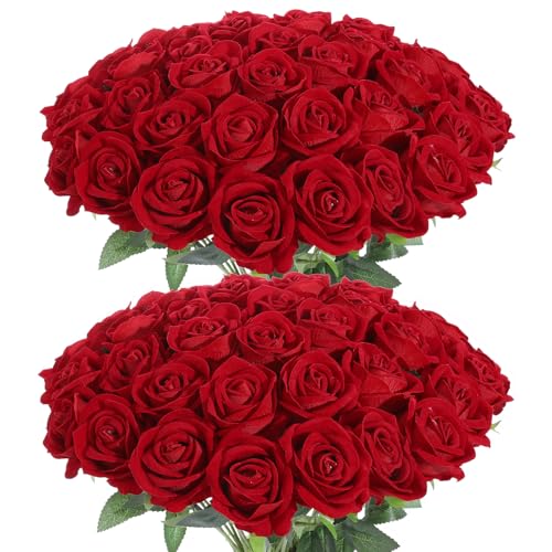 50Pcs Red Roses Artificial Flowers Fake Roses Faux Velvet Silk Flower for Home Wedding Decoration (Pearl Rose, Red) - color: Pearl Roses - Red 50p