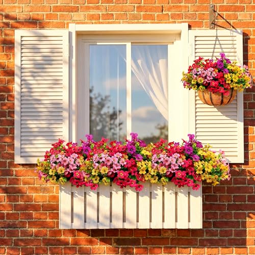 Kingsboomy Artificial Flowers for Outdoors, Faux Plants Flowers, 12 Bundles Silk Colorful Fake Flowers Eucalyptus Realistic UV Resistant for Outside Home Planter Porch Patio Yard Decor (12, 6 Colors) - color: 6 Colors