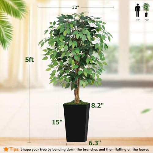 5ft Ficus Artificial Tree with 3 Natural Curved Trunks, 60" Tall Lush Faux Tree for Home Decor Indoor, Green Lifelike Fake Ficus Tree with Black Planter Pot - color: Black Planter, size: 5ft